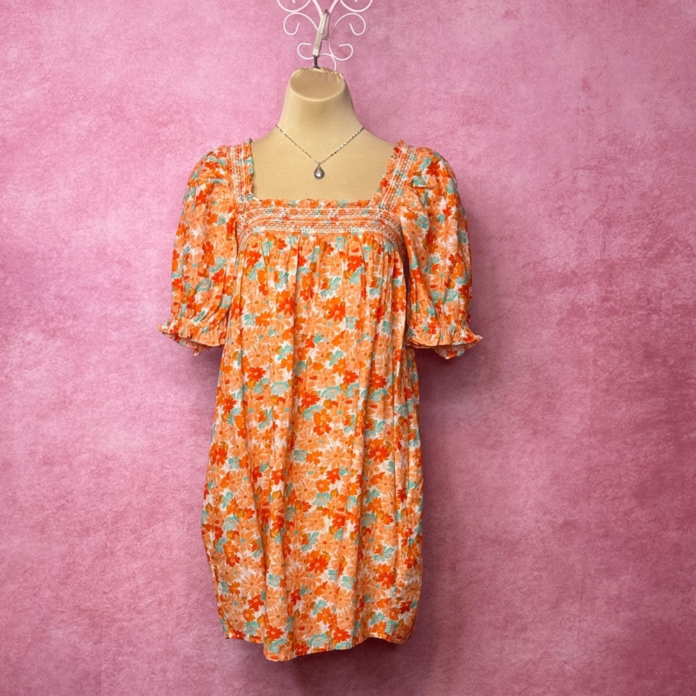 118 - Something Navy Floral Smocked Puff Shoulder Mini Dress XS